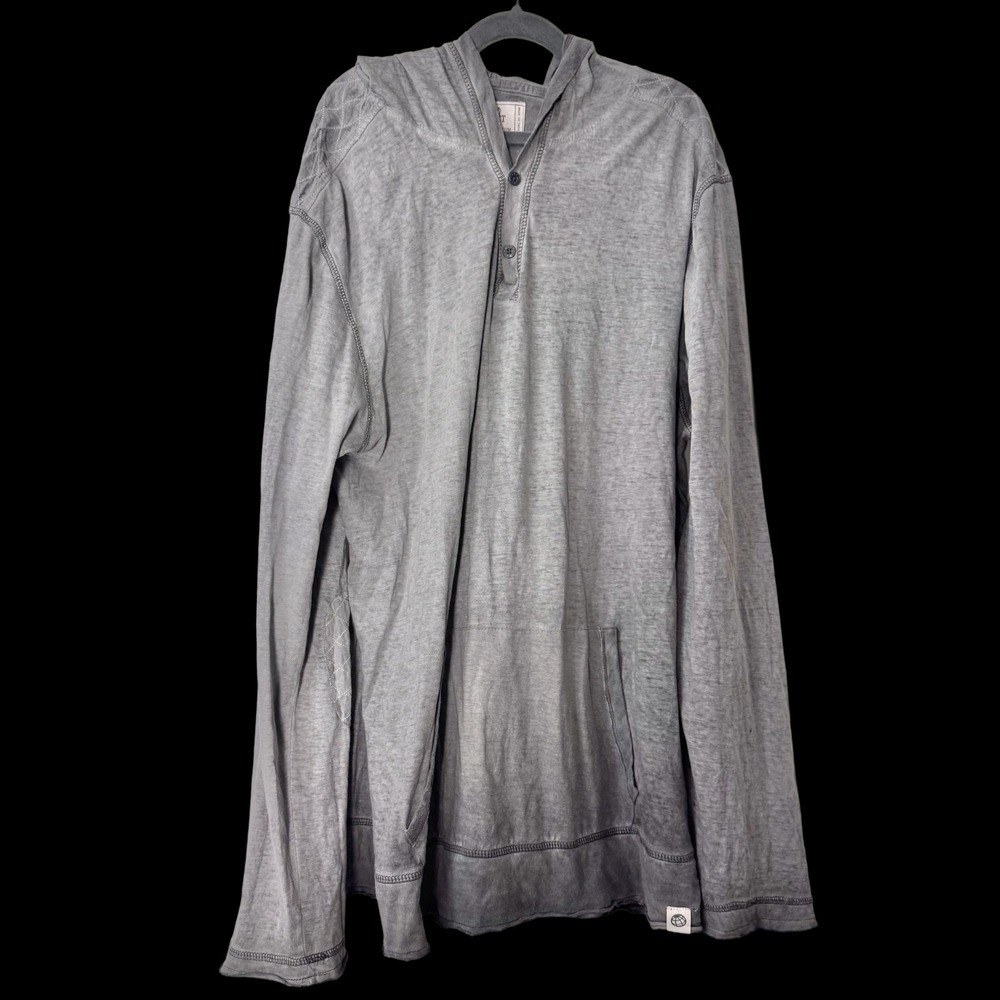 Free Planet Size Medium Gray Mineral Wash Hooded Henley Raw Hem Elbow Patch Boho